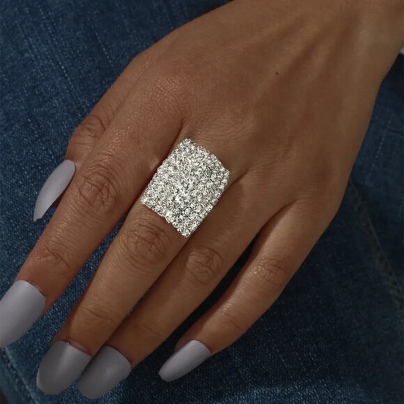 3/$35 Dazzling Silver Rectangular Adjustable Ring Crystal Diamond Jewelry - Picture 1 of 5